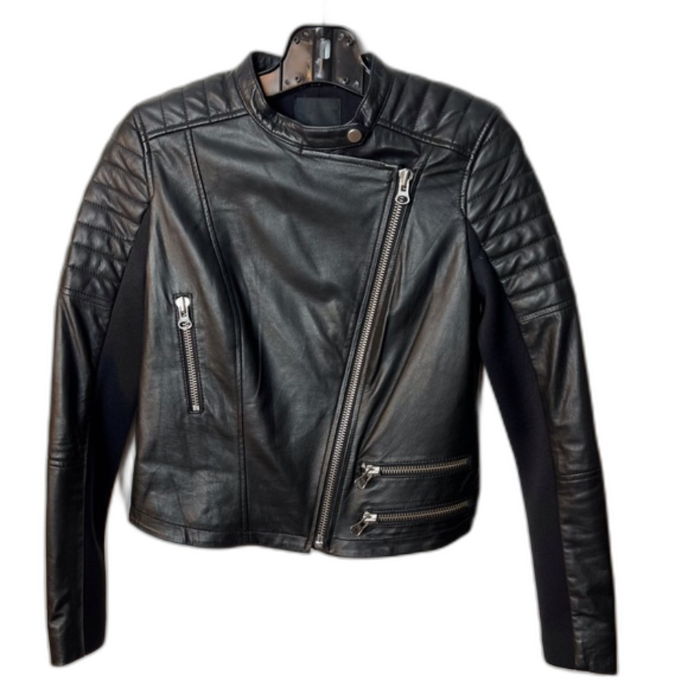 Trouvé Black Real Leather Moto Jacket Quilted Biker Asym. Zip XS Nordstrom